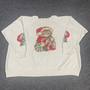 VTG MacGregor Sweatshirt Womens 3X White Mouse Cat Christmas Pullover USA 90s